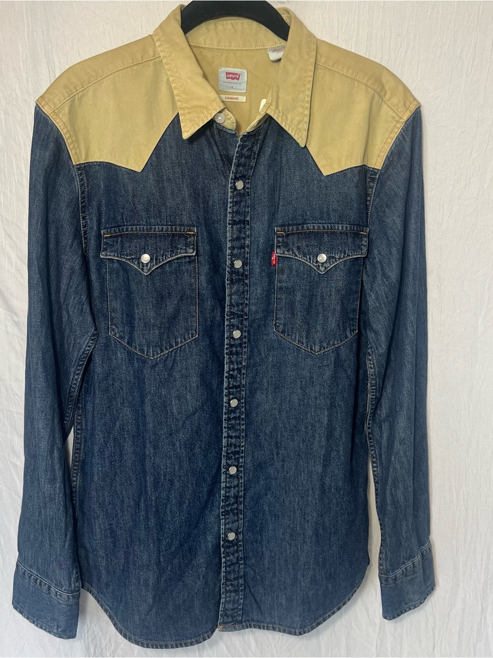 Levi’s Mens Small Pearl Snap Blue Beige Denim Harlem Rodeo Western Shirt Horses - Picture 2 of 13